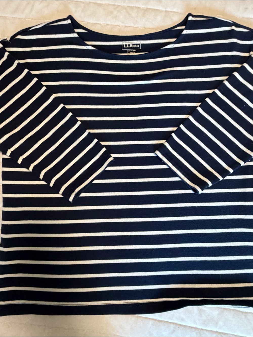 L.L. Bean Navy and White Striped Boatneck Long Sleeve Top